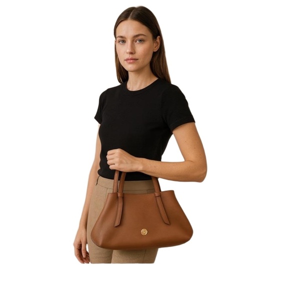 Anne Klein Brown Leather Double Handles Gold Tone Emblem Tote Handbag One Size - Picture 1 of 10
